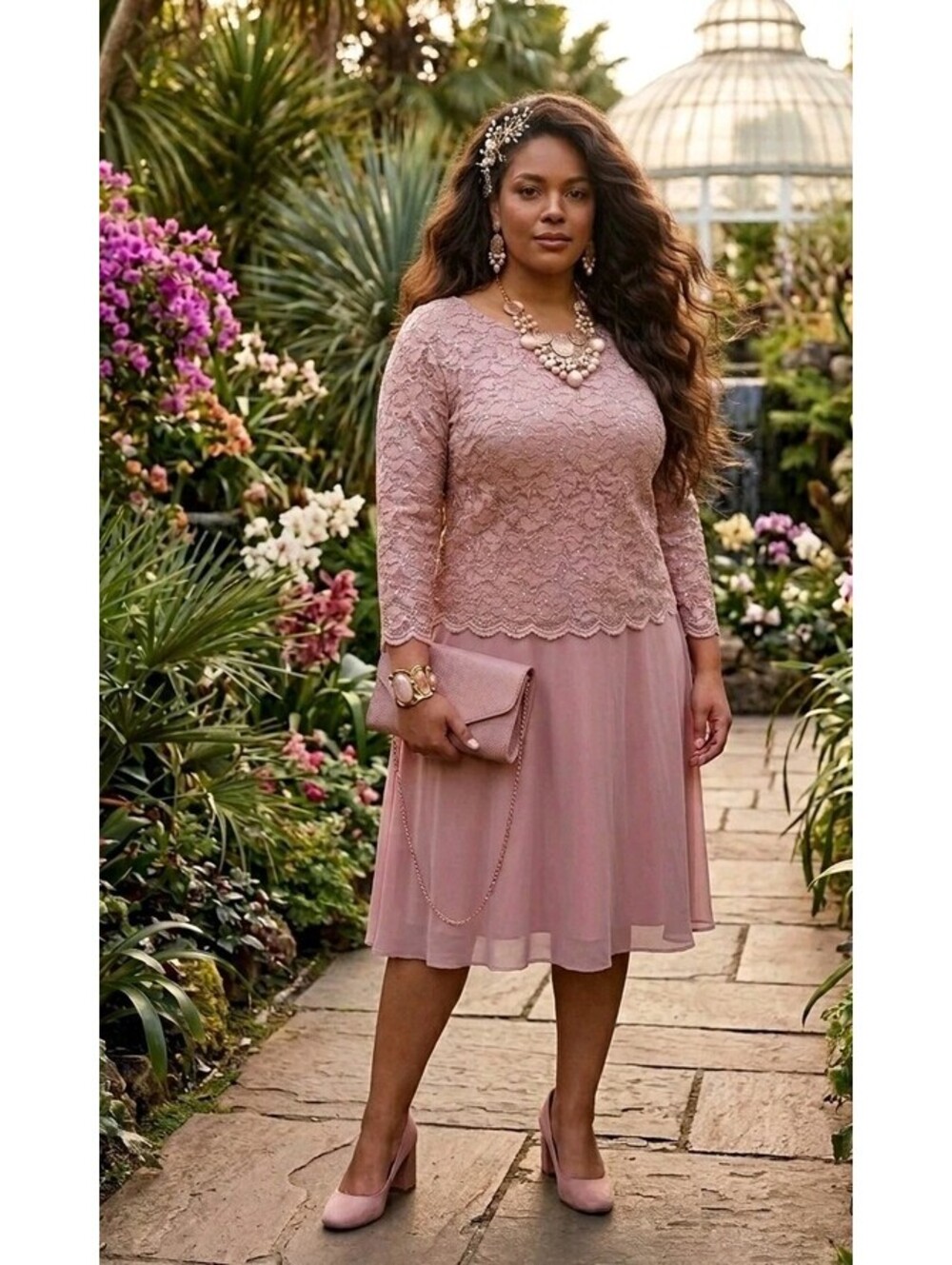 Stunning Blush Pink Lace & Chiffon Tea-Length Formal Dress - Size 24W